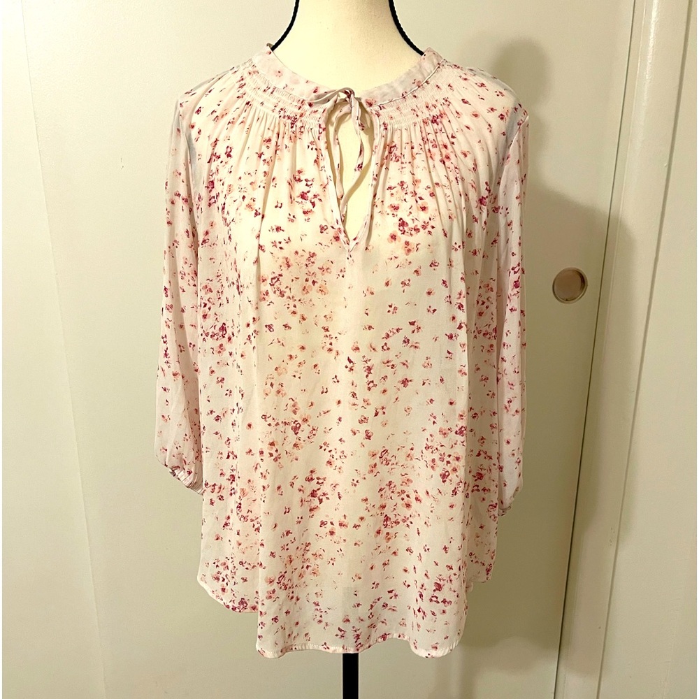 Torrid 00 Floral Slit Neck Pink and Ivory Georgette Smock Blouse